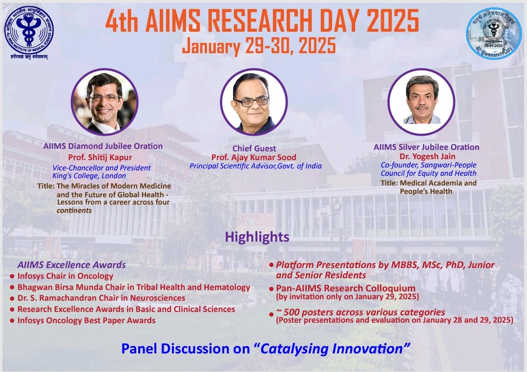 aiims_newdelhi's tweet photo. 4th AIIMS Research Day
January 29-30, 2025!

Highlights
AIIMS Orations
Excellence Awards and Showcasing of Research