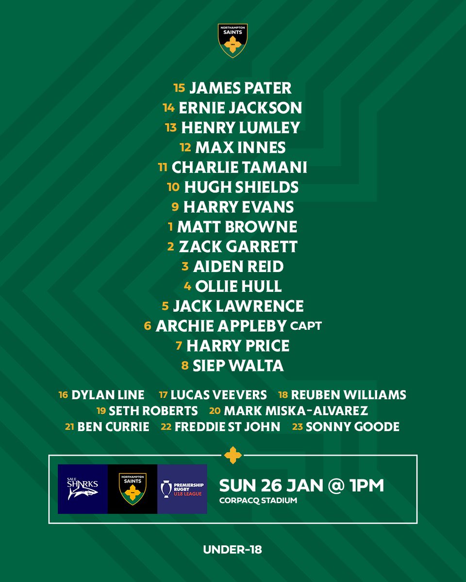 SaintsRugbyAcad's tweet photo. Here is our U18 side to face Sale this weekend 😇

https://t.co/sNUwzmYs8P https://t.co/iI9heR5TO9