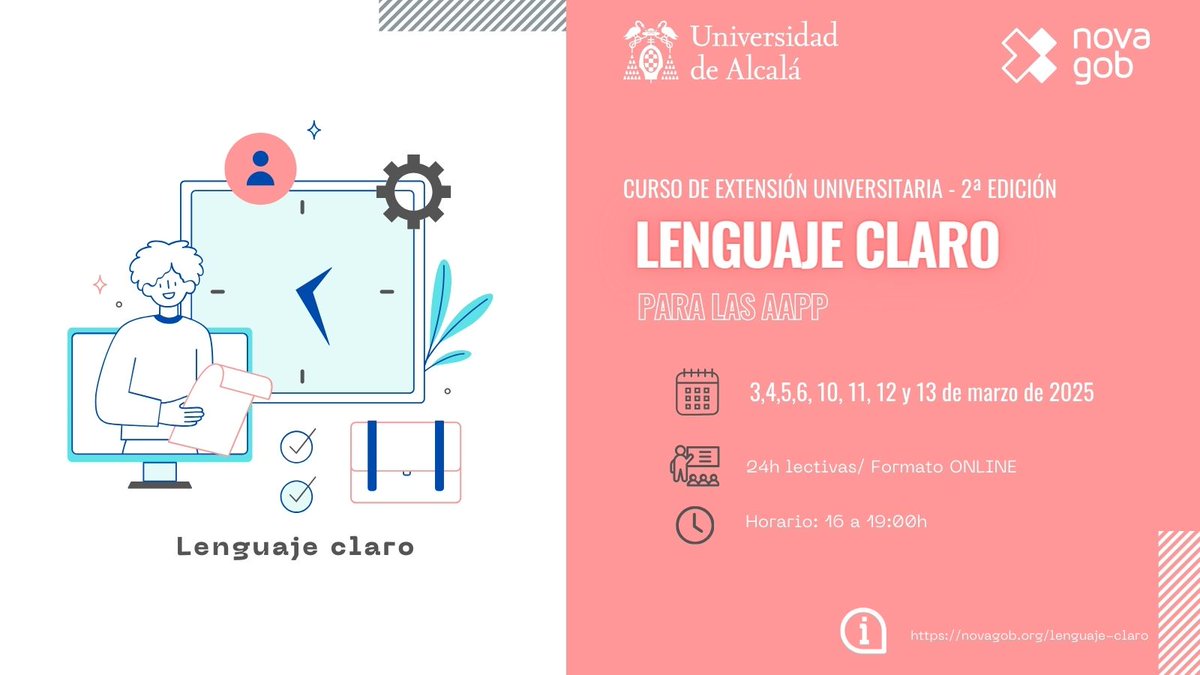 Fundación NovaGob (@novagob) on Twitter photo 💡¿Sabías que la complejidad del lenguaje puede ser una barrera en la relación con la ciudadanía? 🚫
🧑🏫Aprende a superarla en el curso de #LenguajeClaro
🏛️Organizan <a href="/novagob/">Fundación NovaGob</a> <a href="/UAHes/">Universidad Alcalá</a>
💻Coordinador: <a href="/rafacamu/">Rafa Camacho</a>
🎓Certificación: <a href="/UAHes/">Universidad Alcalá</a>
📅 3 -13 de mar
👉 novagob.org/lenguaje-claro 💡¿Sabías que la complejidad del lenguaje puede ser una barrera en la relación con la ciudadanía? 🚫
🧑🏫Aprende a superarla en el curso de #LenguajeClaro
🏛️Organizan <a href="/novagob/">Fundación NovaGob</a> <a href="/UAHes/">Universidad Alcalá</a>
💻Coordinador: <a href="/rafacamu/">Rafa Camacho</a>
🎓Certificación: <a href="/UAHes/">Universidad Alcalá</a>
📅 3 -13 de mar
👉 novagob.org/lenguaje-claro