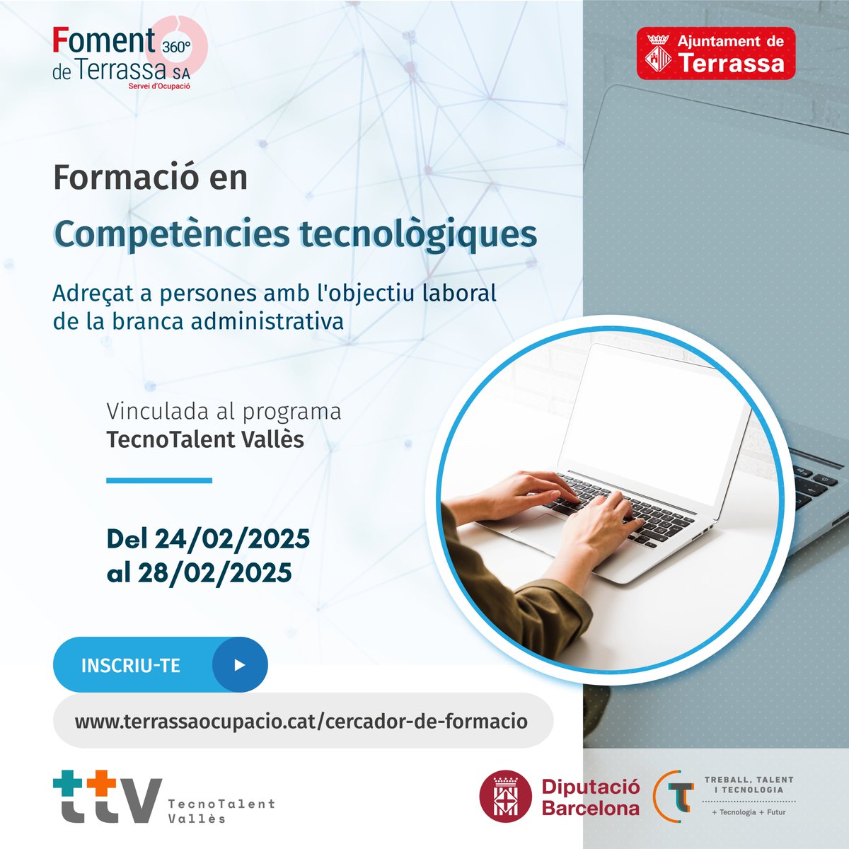 📢 El mes de febrer iniciem una nova edició de la formació en Competències Tecnològiques.

La #formació es durà a terme en horari de 9:30 a 14:30 h a les instal·lacions de Foment Edifici Edison.

Fes la teva inscripció 👉 terrassaocupacio.cat/ca/cercador-de…