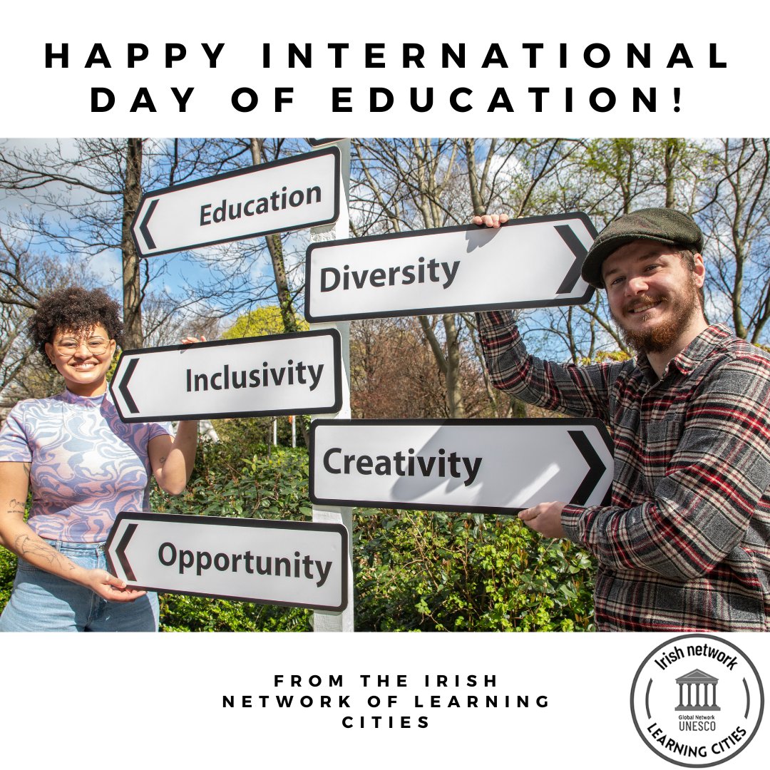 Happy #InternationalDayOfEducation from the Irish Network of Learning Cities!🎉We support UNESCO's campaign that AI technology must complement the human &amp; social dimensions of learning, and will continue to ensure barriers to learning are removed for everyone, everywhere. #INLC