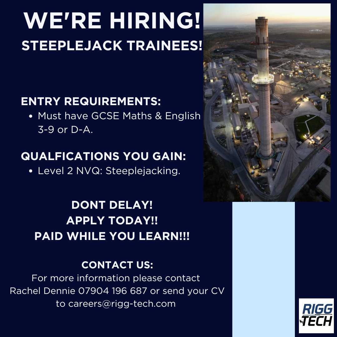 WE ARE HIRING APPLY NOW!
We are looking for Steeplejack Trainees to join our team here in Manchester. Please apply with your CV or contact us for further information.
#trainees #steeplejack #workingatheight #manchesterjobsearch #manchesterjobs #constructionjobs