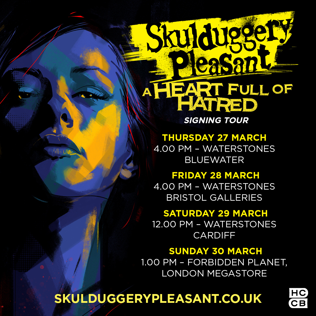 HarperCollinsCh's tweet image. 💀 Meet @DerekLandy on the #AHeartFullofHatred signing tour this March and get your copy of the NEW #SkulduggeryPleasant signed by the man himself! 💀
Details of all events and tickets here: skulduggerypleasant.co.uk/ahfohsigningto…