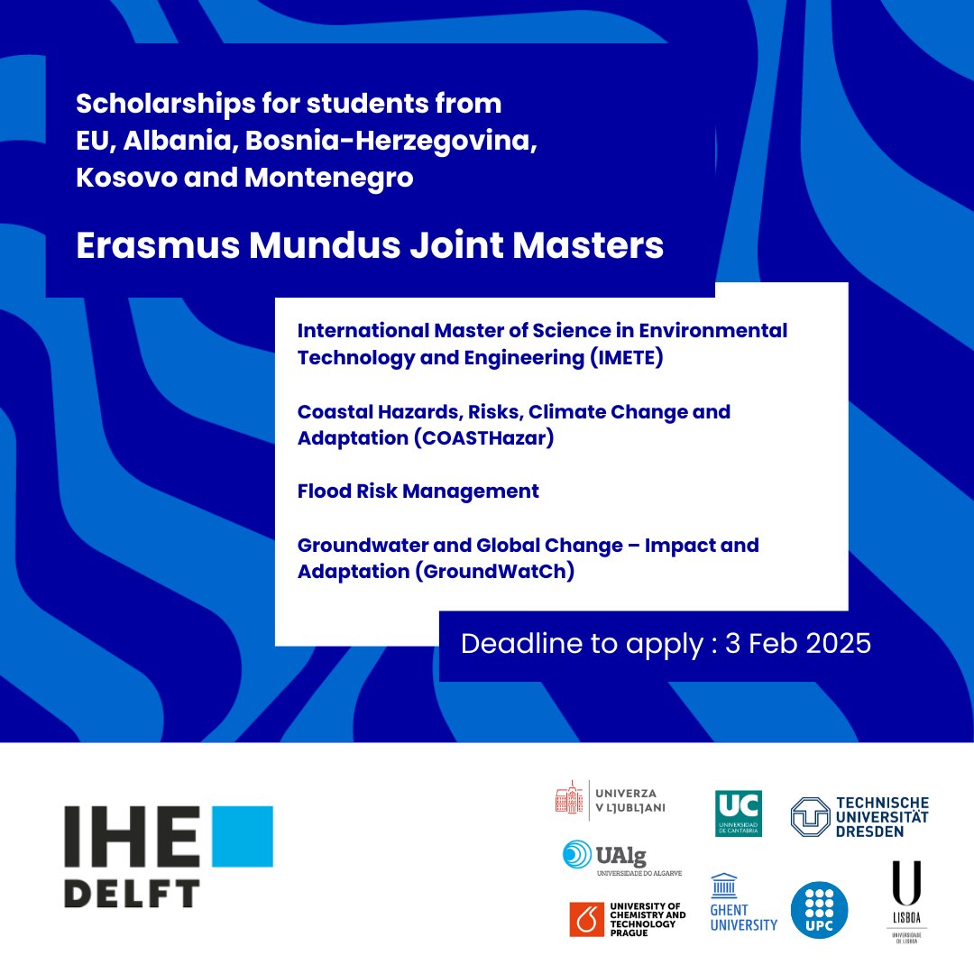ihedelft's tweet photo. The deadline for scholarships to our #ErasmusMundus Joint Master Degree programmes is approaching.

Scholarship opportunities available for EU countries, and Albania, Bosnia-Herzegovina, Kosovo, and Montenegro.
 
⏰ Deadline: 3 February 2025
 
More info: https://t.co/Kd8yl2W9SY https://t.co/3ZK08RU0ni