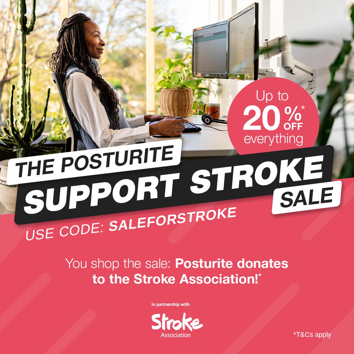 Grab a new office chair or desk in the <a href="/Posturite/">Posturite</a> Support Stroke Sale! 👇 

Our charity partner, Posturite will donate 10% from your sale purchases* to us until 4 Feb! You also get 20% off almost everything*!

Use the code SaleForStroke: bit.ly/47s0vbS

*Ts and Cs apply.