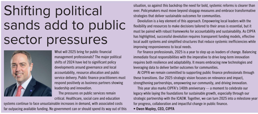 💭What will 2025 bring for public finance professionals? 

In <a href="/PQMagazine/">Graham Hambly</a>, CIPFA CEO Owen Mapley shares key challenges &amp; CIPFA’s vision for supporting the sector in this pivotal year of change.

➡️Read now on pages 16-17: ow.ly/A8u650ULU6C

#PublicSector