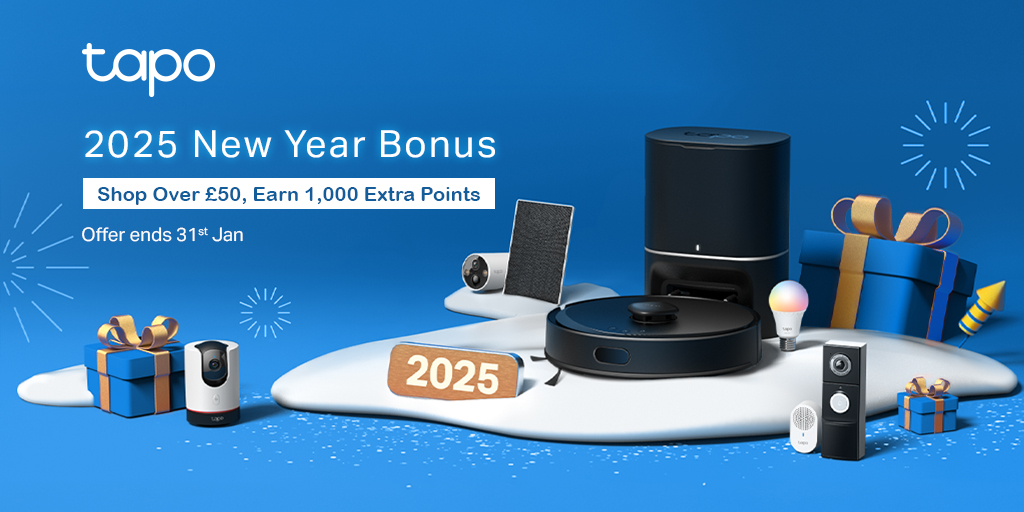 Spend over £50 and earn 1000 extra points to redeem on Tapo Rewards! ⭐

Take advantage of this fantastic deal and sign up for our reward programme here: ow.ly/yIEz50ULKM2. 🛍️

 Hurry! Offer ends 31st Jan.

#TapoRewards #SmartHome #StayConnected