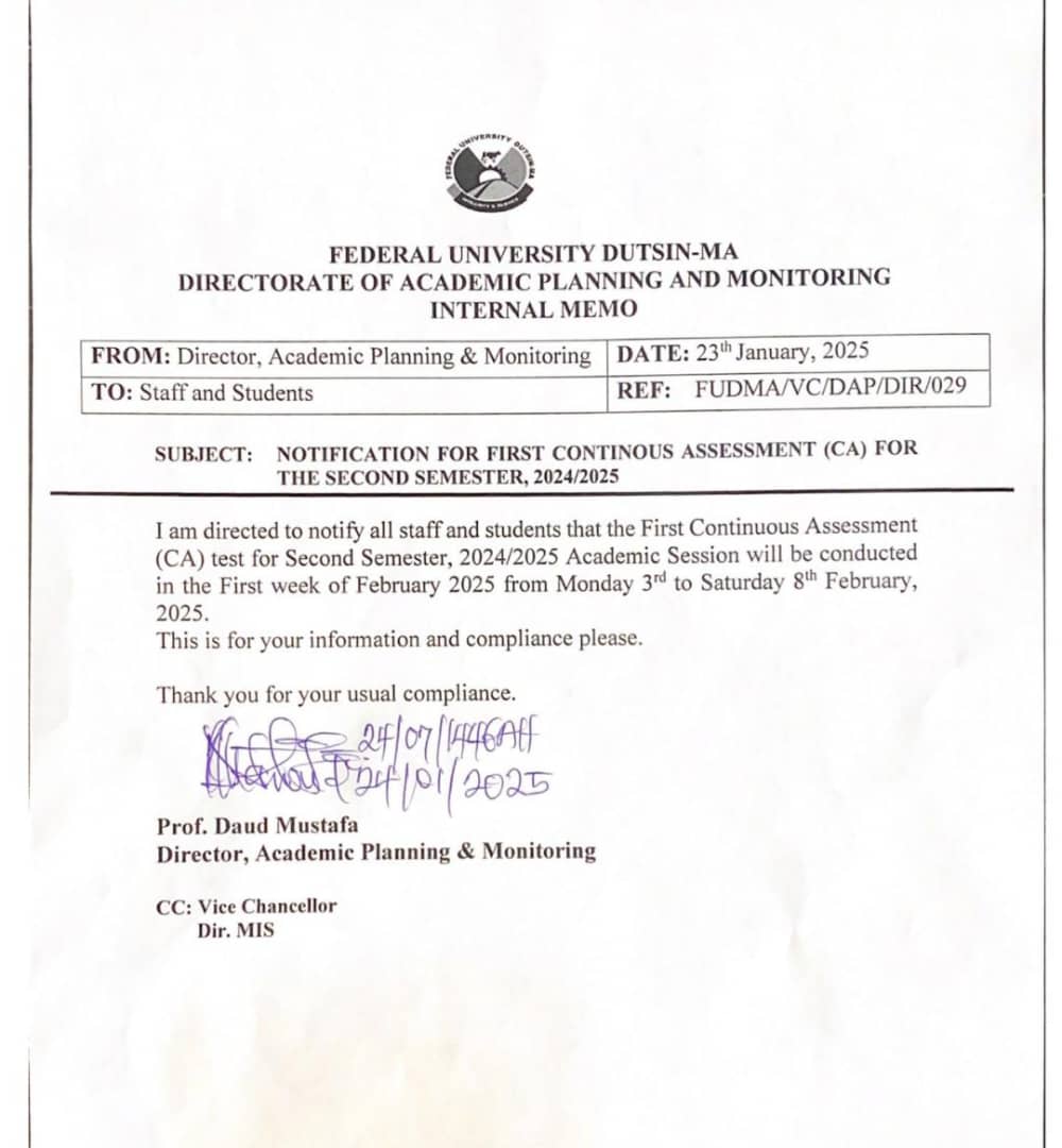 NOTIFICATION FOR FIRST CONTINUOUS ASSESSMENT (CA) FOR THE SECOND SEMESTER.