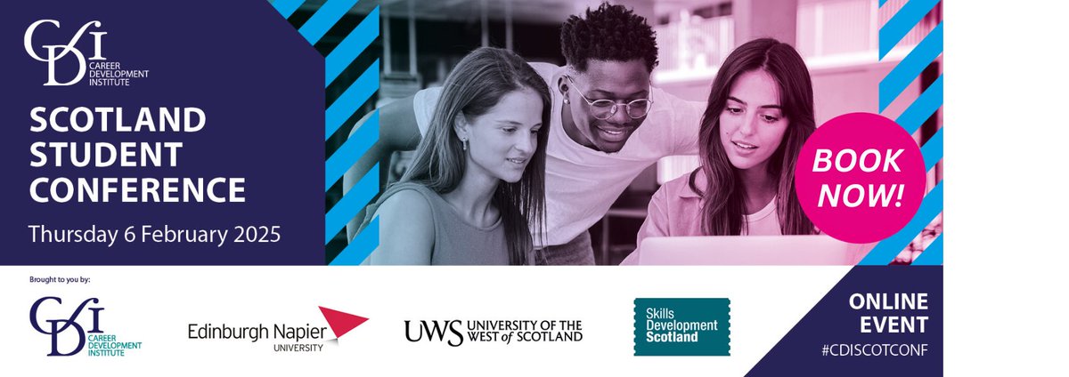 Booking reminder: CDI Scotland Student Conference 2025!
📅Thursday 6 February 2025 
📊Theme: The use of data by career services

A must-attend online event for staff from Skills Development Scotland, students and CDI members in Scotland.

Book your place: ow.ly/9HIA50UL89O