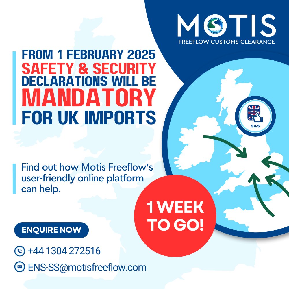 Motis (@motisireland) on Twitter photo ๐จ๐ Only 1 week left! Safety & Security Declarations become mandatory on February 1stโtime is running out!
Get ready now! Learn more at ๐bit.ly/3MyRZzQ or contact us at ๐ฉENS-SS@motisfreeflow.com or โ+44 1304 272516.
#Logistics #Motis #UKImports ๐จ๐ Only 1 week left! Safety & Security Declarations become mandatory on February 1stโtime is running out!
Get ready now! Learn more at ๐bit.ly/3MyRZzQ or contact us at ๐ฉENS-SS@motisfreeflow.com or โ+44 1304 272516.
#Logistics #Motis #UKImports