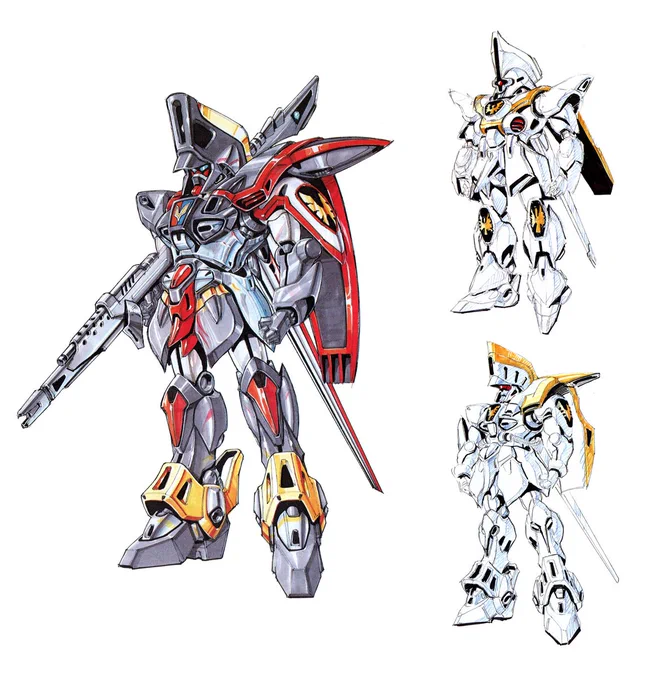 #大河原邦男 先生によるF91敵MS(指揮官機)のラフ案を。この時点ではモノアイ、ツインアイ、ゴーグル型アイがベースだったんだなぁ、と。ただそれではジオンか連邦の技術系列を連想させるので丸眼鏡アイになったのでしょうね。あとカラー稿の機体の左肩は少し動かしにくそうだぞ#ガンダムF91 