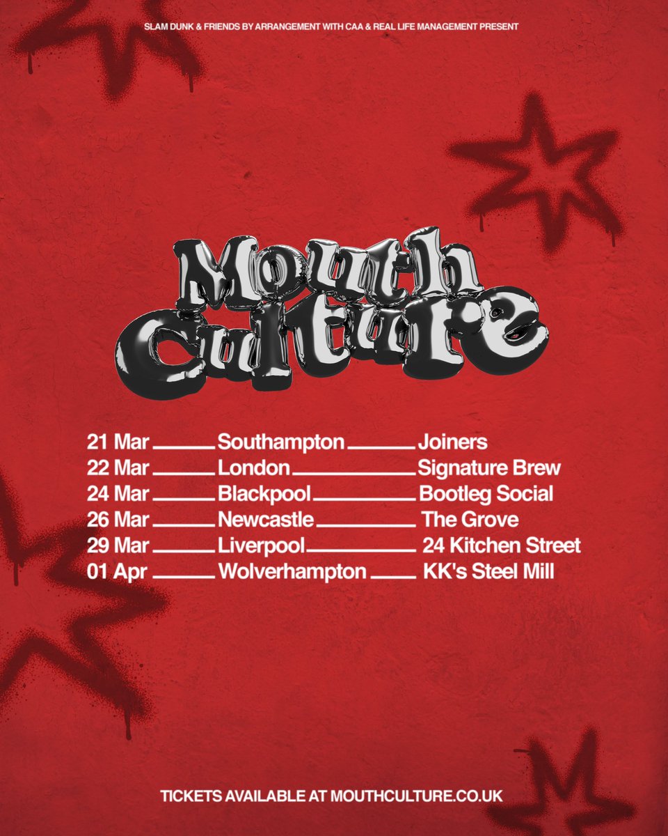 SlamDunkMusic's tweet photo. One of the hottest new UK bands on this year’s lineup, Mouth Culture are heading out to play some headline shows around their You Me At Six dates and on the road to Slam Dunk Festival 2025!

Tickets on sale Monday 10am https://t.co/MW50gCBlBn