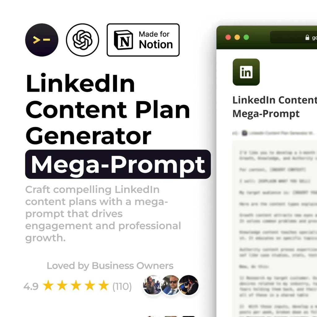 Tech_AI_Rasel's tweet photo. Most people hate LinkedIn

But it’s the #1 platform for creators to:

• Build a brand
• Generate leads
• Grow their audience

I created a ChatGPT mega-prompt that builds your LinkedIn content for the next 30 days.

Like + comment “Link” and I’ll DM it to you.

(Must be follow) https://t.co/rXCyATrMVR