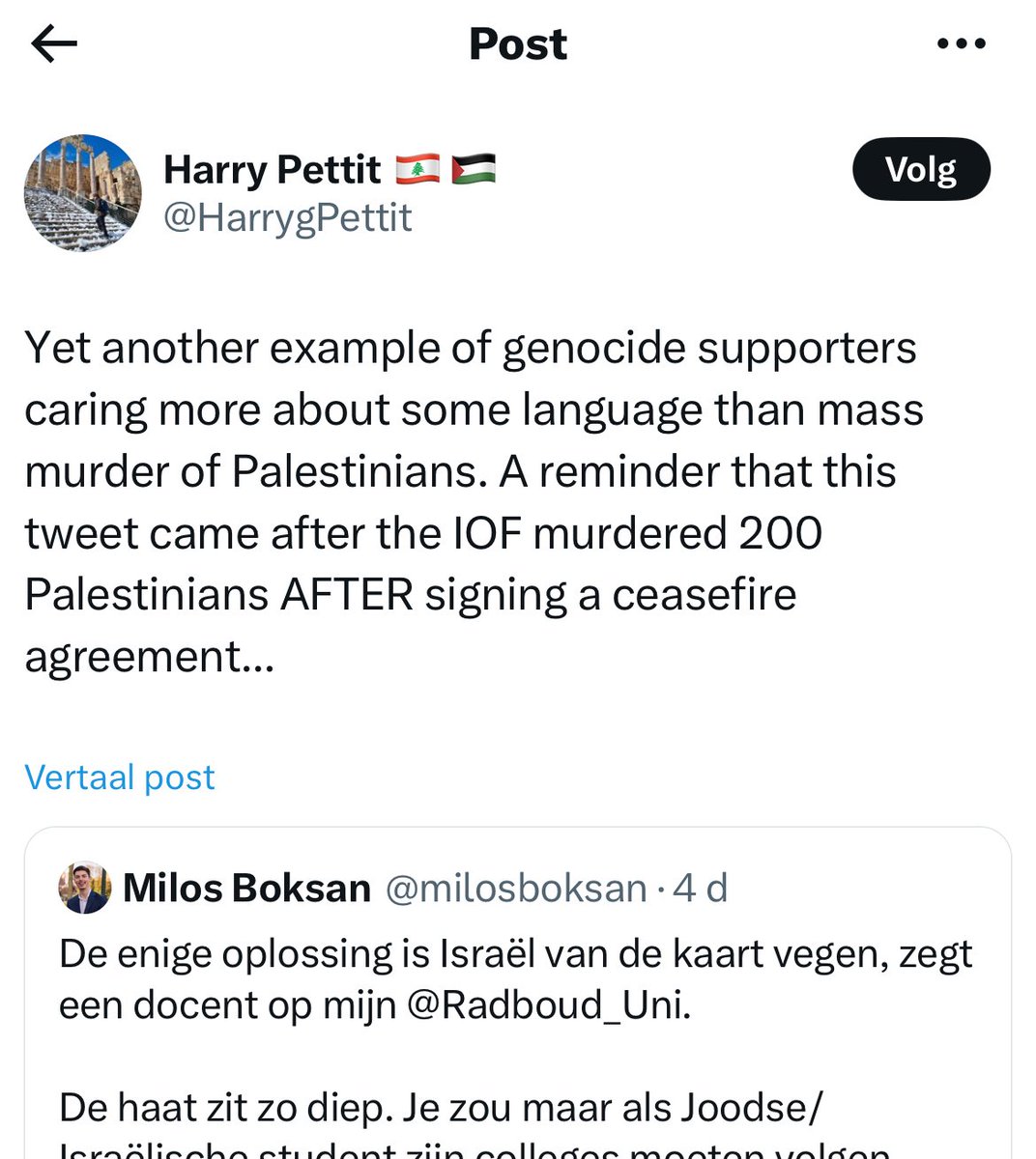 En begin de week maakt hij mij en mijn medestudenten uit voor genocide supporters.

Dat terwijl wij nooit slachtoffers in een conflict hebben gevierd. Zullen we ook nooit doen. 

Want wij hebben wel enig moreel besef. 8/8🧵