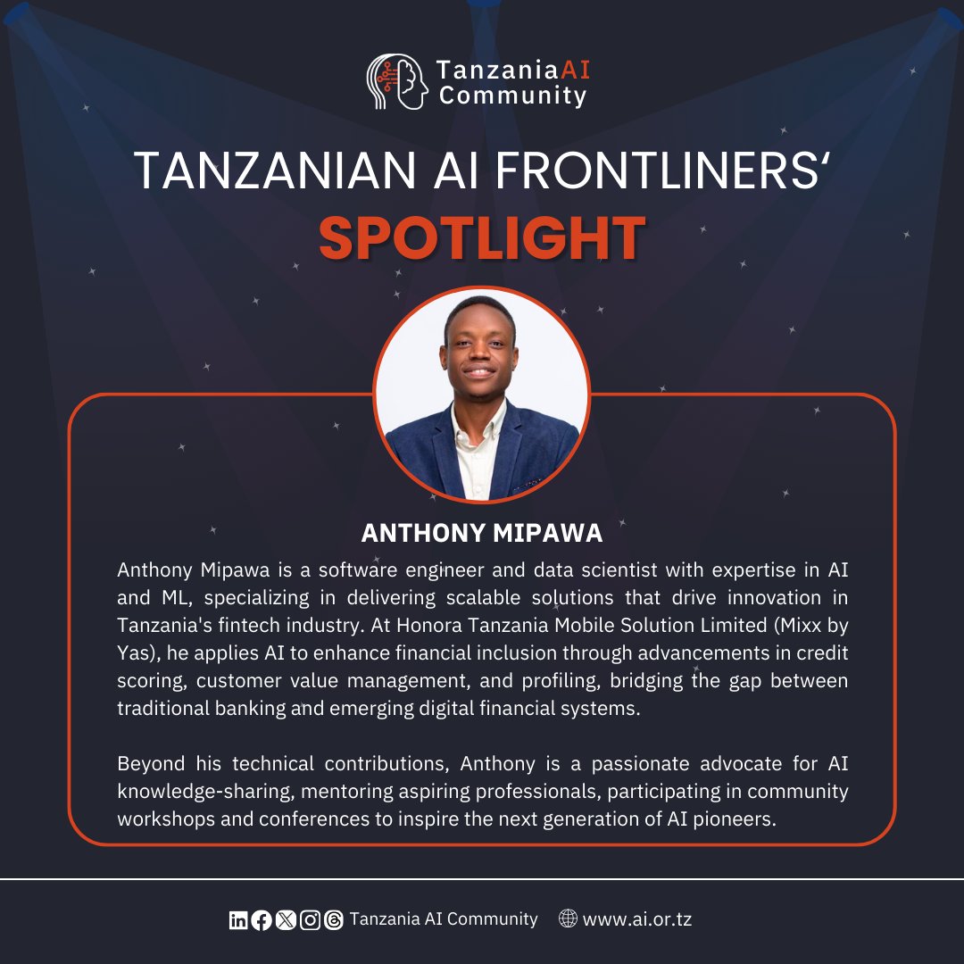 Spotlight!🏆

Today, we are excited to shine a spotlight on Anthony Mipawa (<a href="/LoytTony/">Anthony Mipawa</a>), who is one of the outstanding individuals at the forefront of advancing AI and its applications in Tanzania!

Read more: linkedin.com/posts/aicommun…

#AIForGood #AICommunityTz