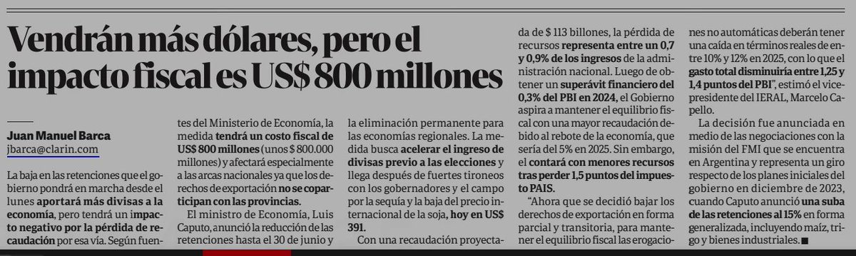 Baja de retenciones. Costo fiscal: U$S 800 millones. Quien lo financia? Los jubilados, los sueldos, el gasto social?