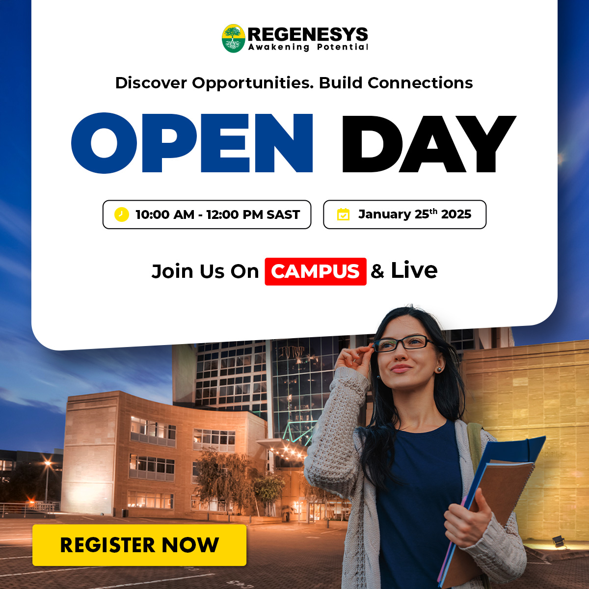 regenesys_edu's tweet photo. Unlock Your Future at Regenesys Open Day!
Join us on 25th January 2025, 10:00 AM - 12:00 PM SAST (in-person or online) to take the next step in your education journey.
Register Now: https://t.co/3PWlcU8yOf
#RegenesysOpenDay #AwakeningPotential #DegreeForDignity #Career https://t.co/JWZzXrFteZ