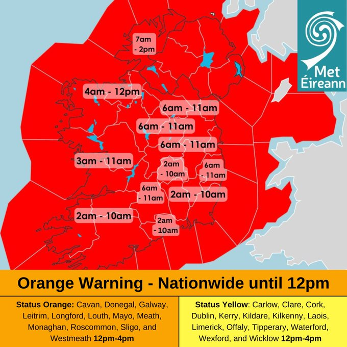 Rabhaidh Aimsire Dhearga; moltar don phobal gan taisteal in áiteanna a bhfuil rabhadh aimsire dearg i      bhfeidhm iontu agus fanacht ar an bhfoscadh le linn na n-amanna seo. 
#StormEowyn 
met.ie/ga/warnings/to…