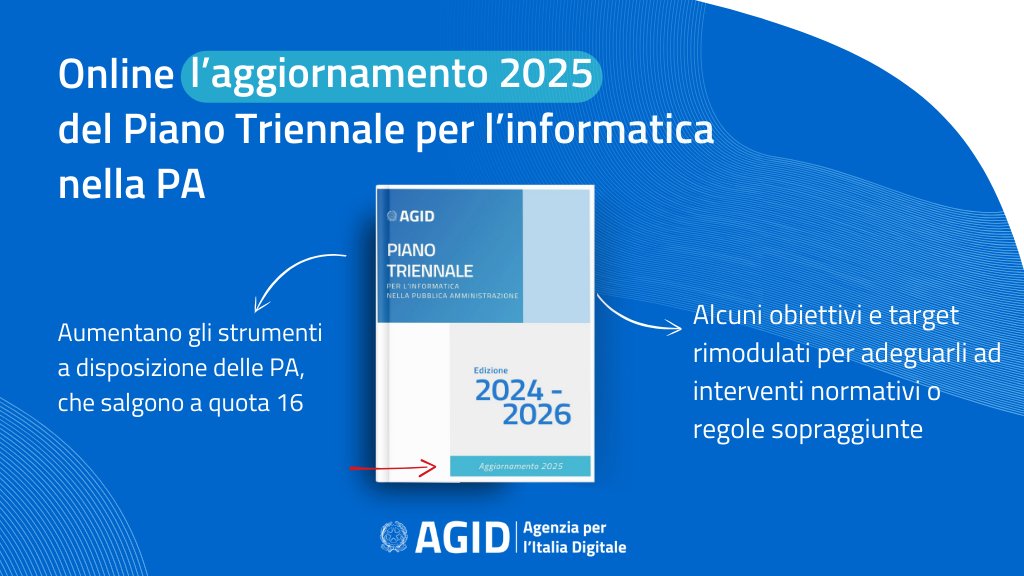 AgidGov's tweet photo. 📢 Pubblicato l'aggiornamento 2025 del #PianoTriennale per l'Informatica nella Pubblica Amministrazione 2024-2026

Scopri le novità: 👉https://t.co/7hlb03ErWR https://t.co/Otu5lFu4ya