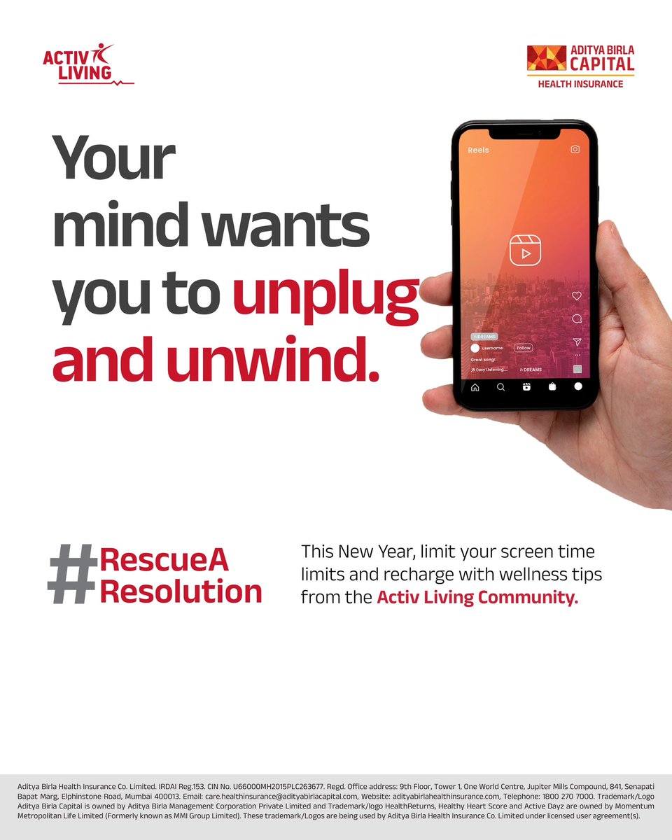 abhealthin's tweet photo. Your mind wants a break from digital noise! 📱

This New Year, #RescueAResolution to give your mind the rest it deserves by reducing your screen time. 

Explore mindfulness tips on the Activ Living Community.

https://t.co/N10wWqFmKD

#ABHIkaro #newyearresolution https://t.co/cqkuukg8gb