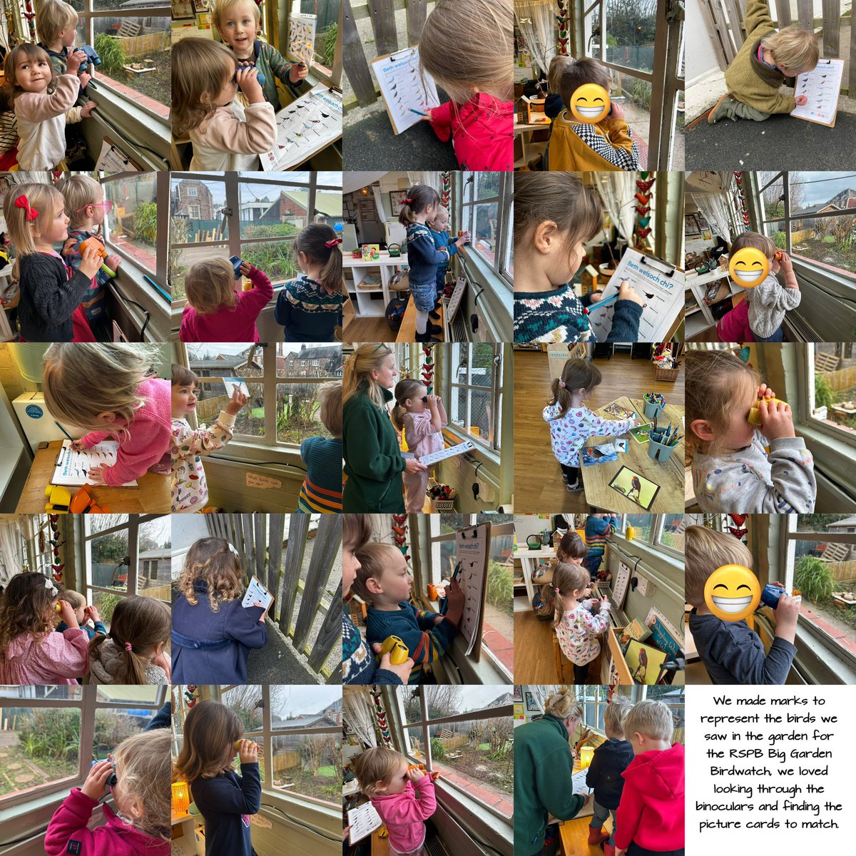 LExplorersUsk's tweet photo. #RSPB #BigGardenBirdWatch we have been busy making marks to represent the birds we have seen, we made bird feeders and loved watching the birds from our bird viewing point. https://t.co/ypGDrflxwD