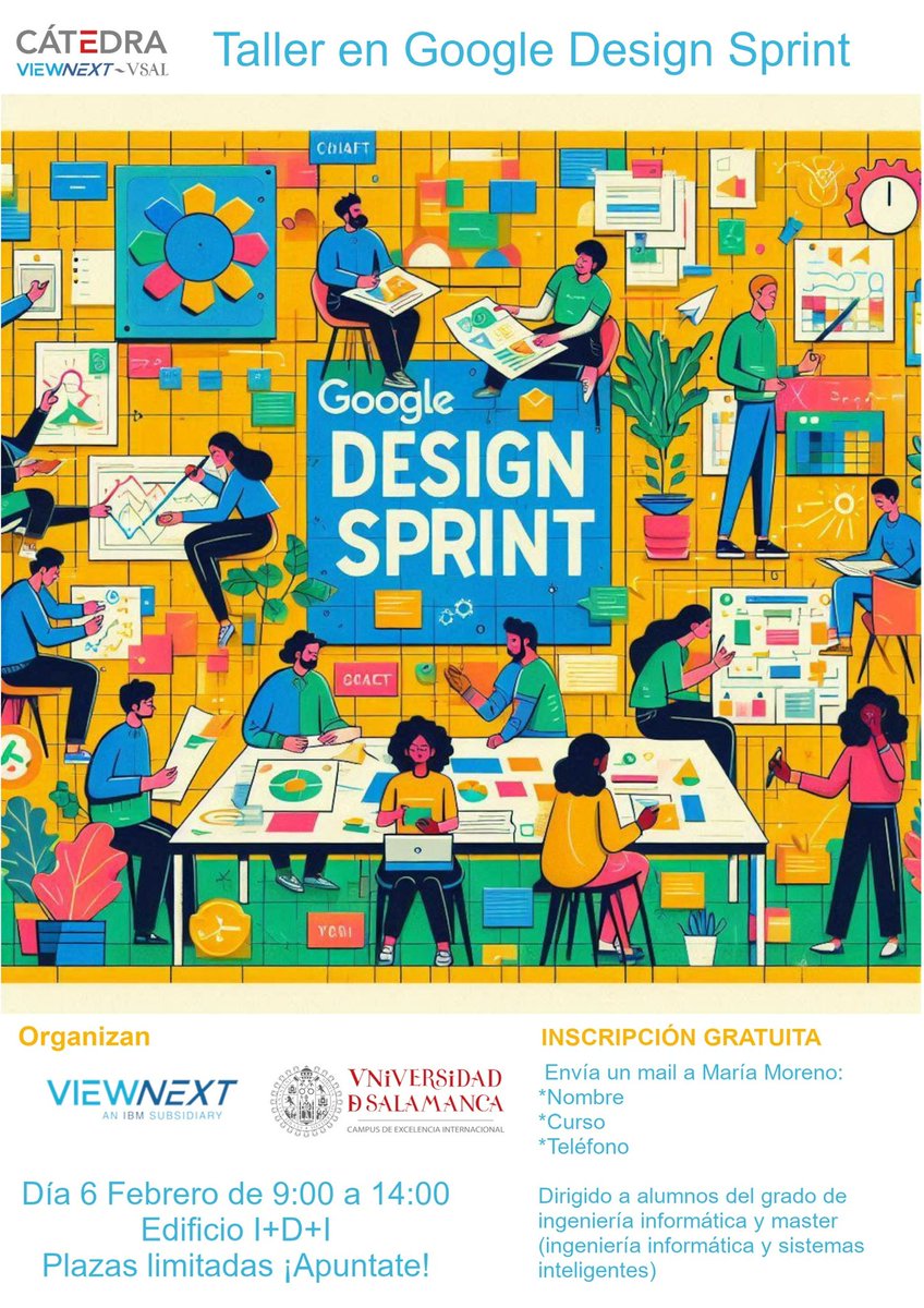 📌Participa en el Taller de Google Design Sprint el 6 de febrero de 9:00 a 14:00 en el Edificio I+D+i. Para estudiantes de grado y máster en ingeniería informática. ¡Plazas Limitadas! #GoogleDesignSprint #usal #agile 

<a href="/viewnext/">Viewnext</a> 
<a href="/usal/">Universidad de Salamanca</a>
