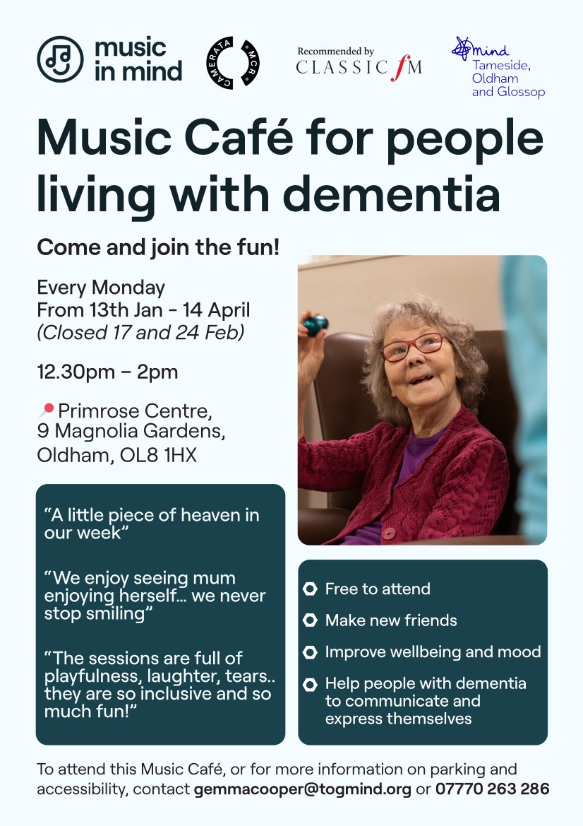 Tameside, Oldham & Glossop Mind (@togmind) on Twitter photo Last week we held a taster session of our Music In Mind group. Working in partnership with <a href="/MancCamerata/">Manchester Camerata</a> our music cafes are for people with dementia and their carers, we currently have one in Oldham and one in Tameside.
**no musical skill or experience required Last week we held a taster session of our Music In Mind group. Working in partnership with <a href="/MancCamerata/">Manchester Camerata</a> our music cafes are for people with dementia and their carers, we currently have one in Oldham and one in Tameside.
**no musical skill or experience required