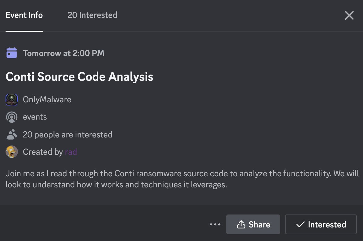 Join me tomorrow at 2PM UTC in OnlyMalware as part of a new series where I look to explore leaked malware code bases.

This week we will start with the infamous Conti source code leak. I'm looking forward to seeing y'all there!

discord.gg/onlymalware?ev…