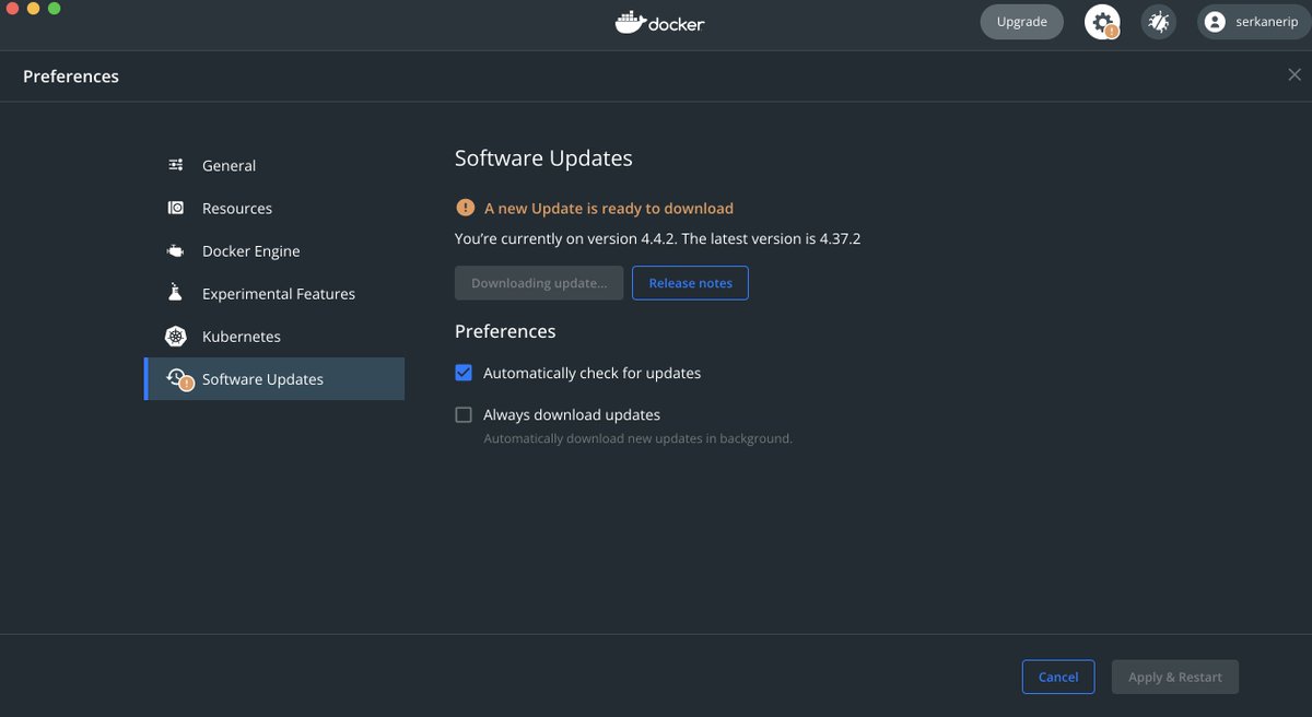 EripSerkan's tweet photo. The infamous 'Download update' button on Docker Desktop—more like a decorative feature 🤷‍♂️ Waiting for updates, waiting for 'Update and Restart' button to do smth, waiting... forever. 😂
@Docker  #docker https://t.co/t8ogm1R0vf