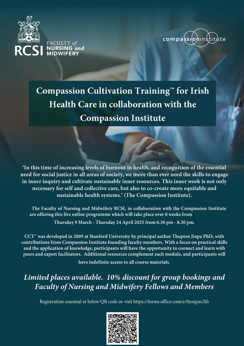 RCSI Faculty of Nursing & Midwifery (@rcsi_facnurmid) on Twitter photo Excited to announce registration is open for Compassion Cultivation Training for Irish Health Care, facilitated by the Compassion Institute & starting on March 6th.
More information on this 8 week course and registration:
eventbrite.ie/e/compassion-cโฆ
<a href="/dmkernanwardell/">Denise McKernan</a> <a href="/chaparooney/">Professor Mark White</a> Excited to announce registration is open for Compassion Cultivation Training for Irish Health Care, facilitated by the Compassion Institute & starting on March 6th.
More information on this 8 week course and registration:
eventbrite.ie/e/compassion-cโฆ
<a href="/dmkernanwardell/">Denise McKernan</a> <a href="/chaparooney/">Professor Mark White</a>