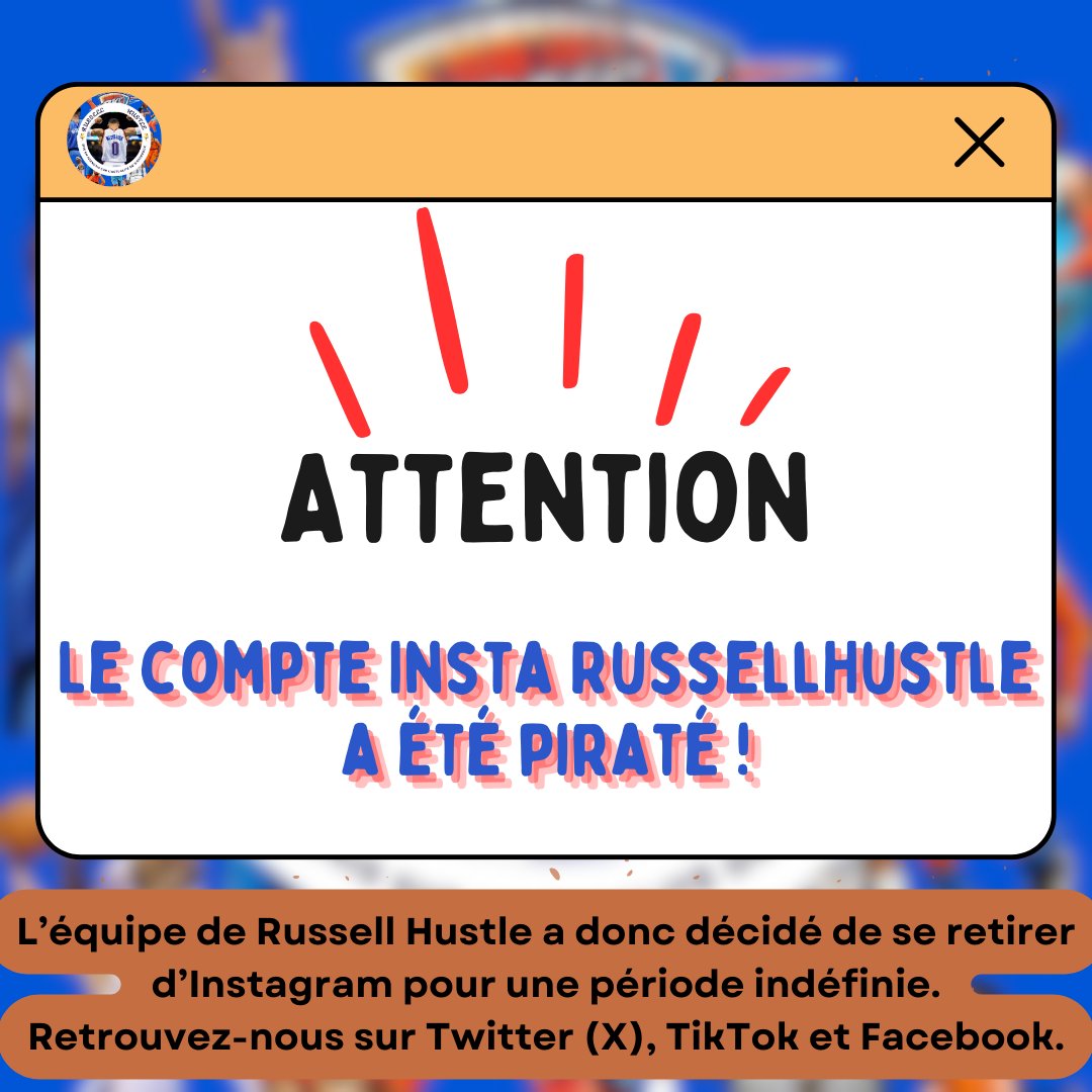 RussellHus7581's tweet photo. 💥 Le compte Instagram de Russell Hustle a été piraté. 😢

🚨 Nous avons donc décidé de nous retirer temporairement d’Instagram pour protéger notre communauté. 🛡️💙
📲 En attendant, retrouvez-nous sur :
👉 Twitter (X) 🐦
👉 TikTok 🎥
👉 Facebook 👍
Merci pour votre soutien https://t.co/22sPMpHVfV