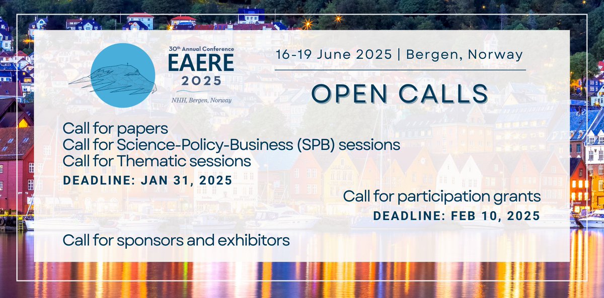 EAERE (@eaere_envecon) on Twitter photo ๐ฌThere are still a few days to apply to #EAERE2025 open calls!
โCalls for papers and Science-Policy-Business (SPB) and Thematic sessions eaere-conferences.org/index.php?p=475
๐ฅCall for participation grants eaere-conferences.org/index.php?p=471
๐Call for sponsors and exhibitors eaere-conferences.org/index.php?p=502 ๐ฌThere are still a few days to apply to #EAERE2025 open calls!
โCalls for papers and Science-Policy-Business (SPB) and Thematic sessions eaere-conferences.org/index.php?p=475
๐ฅCall for participation grants eaere-conferences.org/index.php?p=471
๐Call for sponsors and exhibitors eaere-conferences.org/index.php?p=502