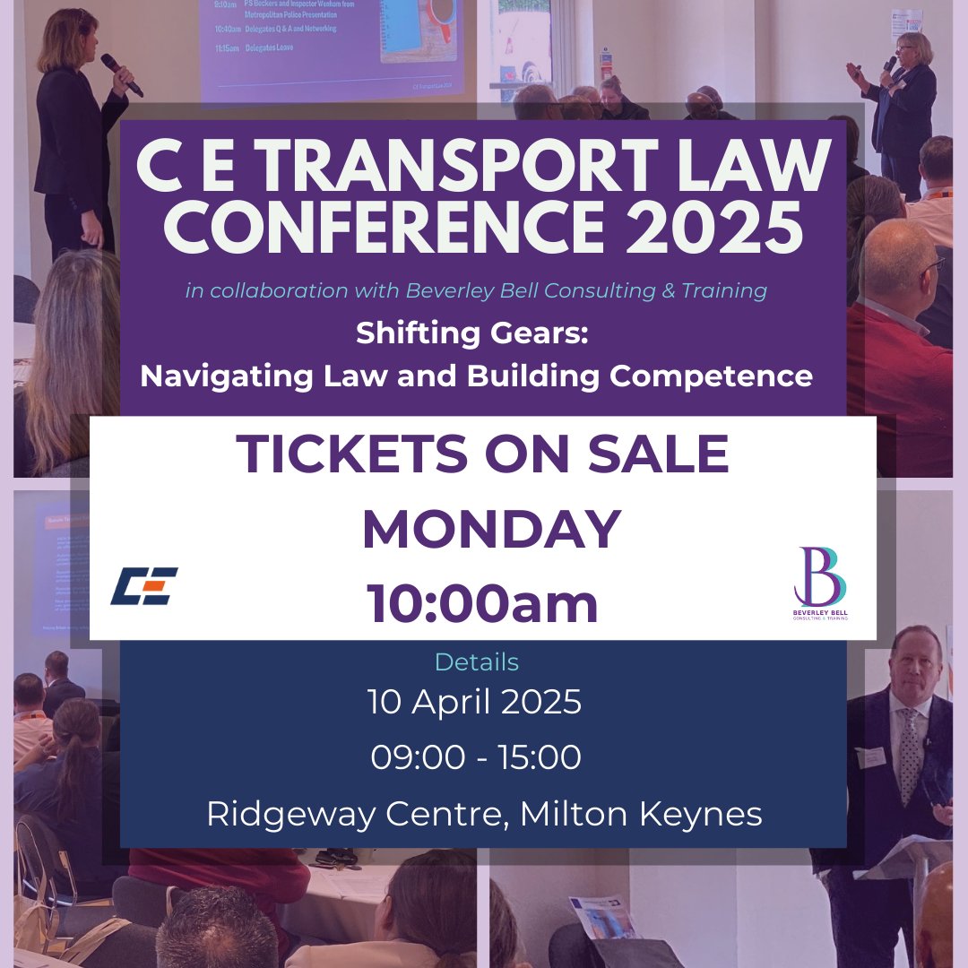 beverleybellCT's tweet photo. The C E Transport Law Conference is back, tickets on sale Monday! Beverley Bell Consulting &amp; Training are delighted to be collaborating to bring the 2025 conference to Milton Keynes, in April. It’s an event not to be missed!
https://t.co/vZwEBGSNvF
All profits to charity: 
BRAKE https://t.co/dHj3K89Ujo