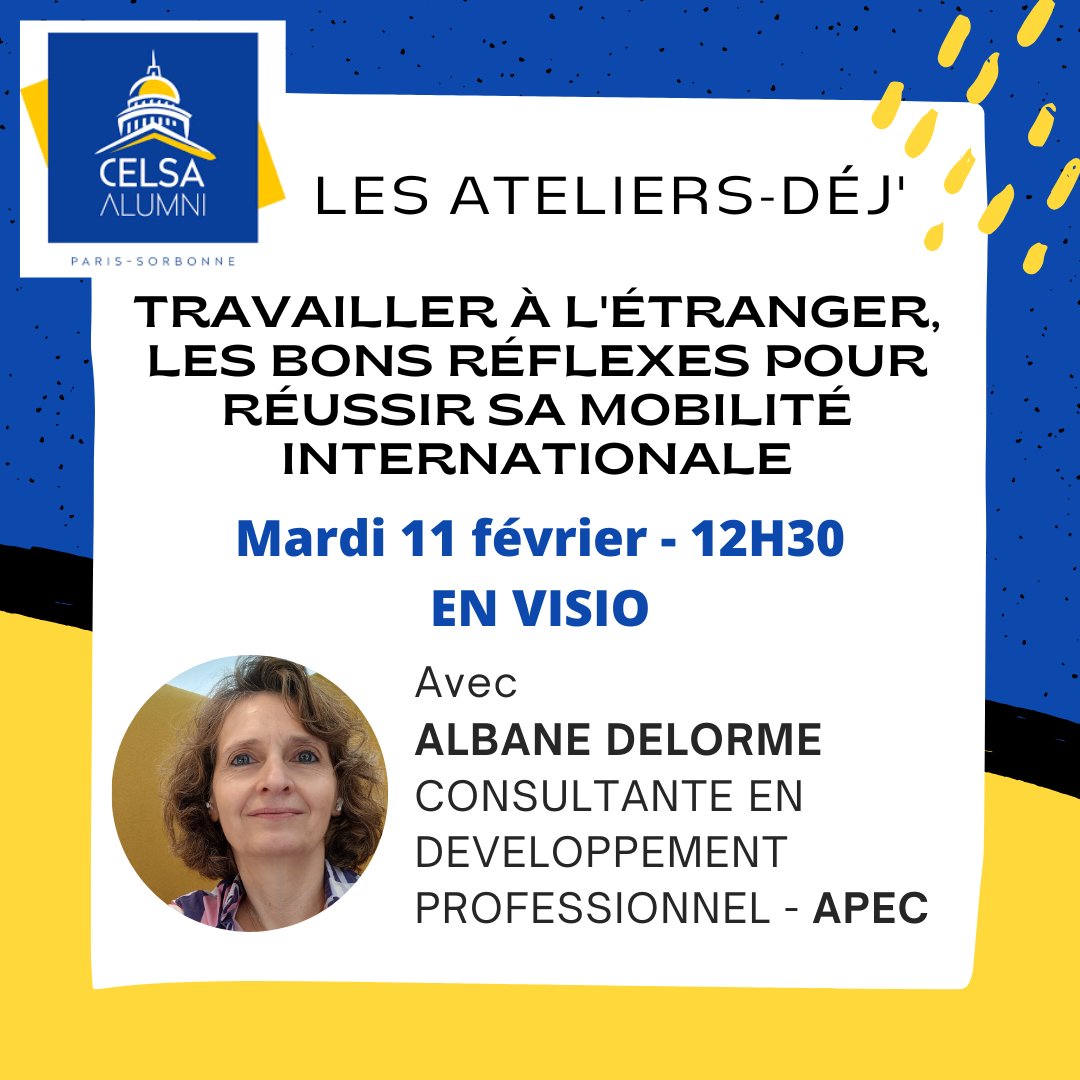 📌Atelier-Déj' en visio : "Travailler à l'étranger, les bons réflexes pour réussir sa #mobilité internationale", animé en ligne par Albane DELORME, consultante en développement professionnel - @apec_officiel
📅Mardi 11 février-12h30-en ligne
👉celsa-alumni.com/fr/event/ateli…
#CELSAAlumni