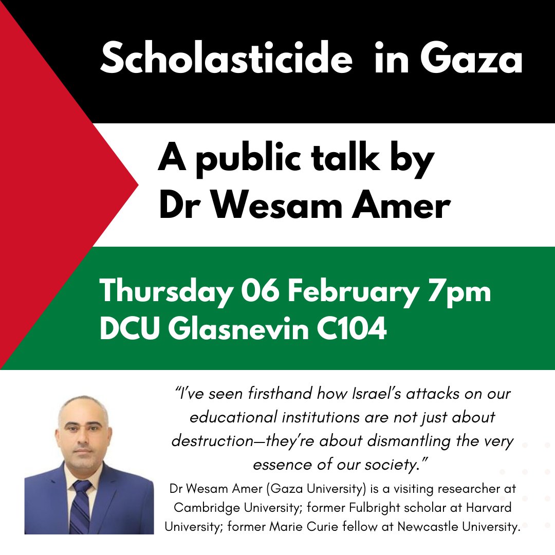 Eileen Culloty (@cullotyeileen) on Twitter photo Thursday week, DCU will host an <a href="/AcaforPalestine/">Academics for Palestine</a> talk on #scholasticide by <a href="/wesaamamer/">Wesam Amer</a> Thursday week, DCU will host an <a href="/AcaforPalestine/">Academics for Palestine</a> talk on #scholasticide by <a href="/wesaamamer/">Wesam Amer</a>