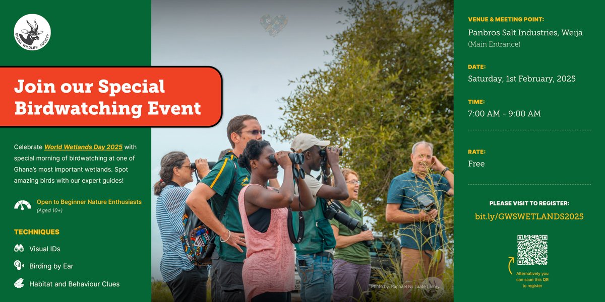 ghwildlifesoc's tweet photo. Celebrate #WorldWetlandsDay 2025 with us!🎊

Join us for a special morning of birdwatching with our expert guides! 🐦🔭

🗓️ Saturday, February 1, 2025
📍 Panbros Salt Industries, Weija
🎯 Perfect for beginners &amp; enthusiasts

🔗Reserve your spots now 👉 https://t.co/iNINSGarp9 https://t.co/7mLpS5UMIk