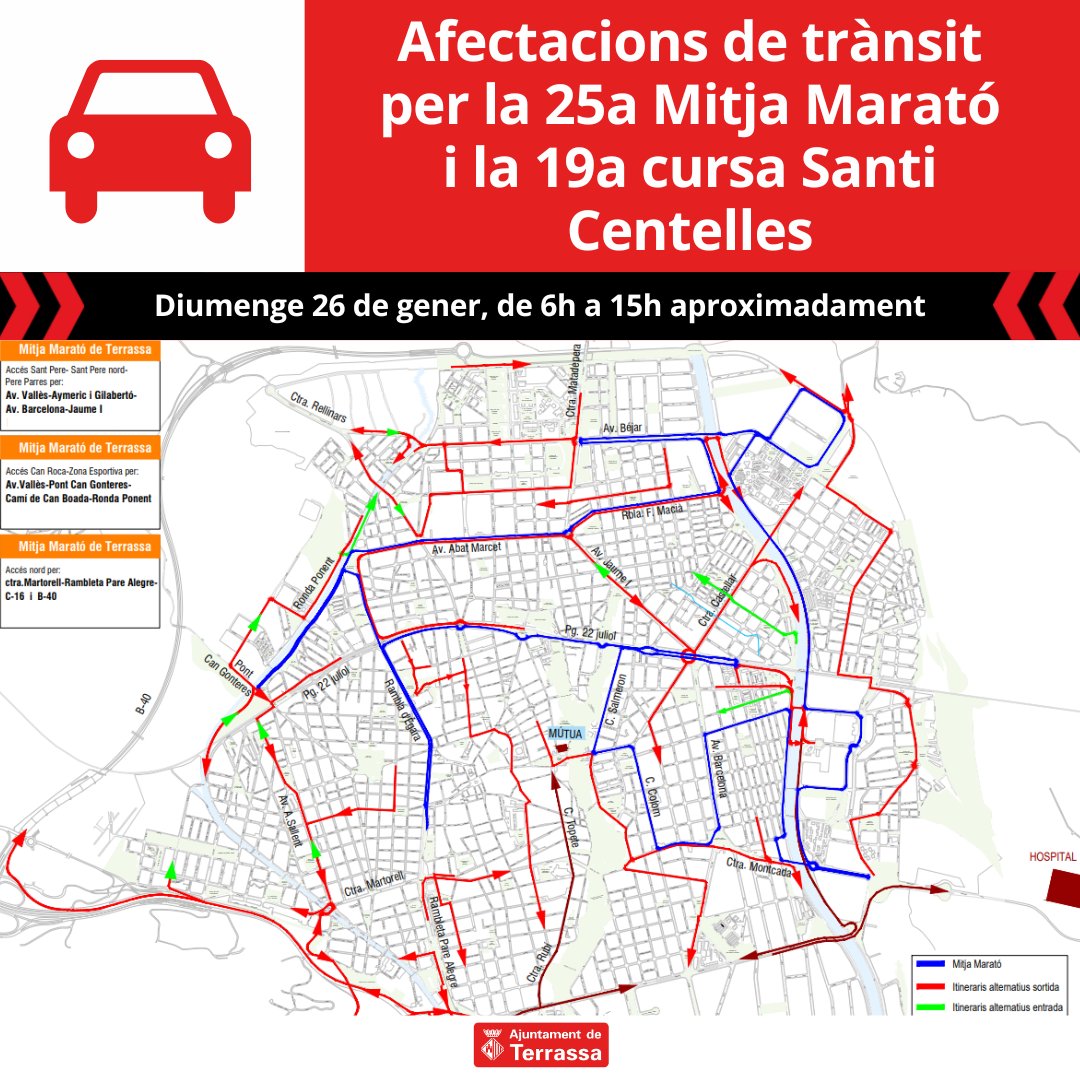 ajterrassa's tweet photo. Aquest diumenge,🏃🏃‍♀️25ª @MitjaTerrassa 🤩!!!
Hi haurà diferents afectacions de trànsit a tota la ciutat dissabte i diumenge. 
🚍 També hi haurà canvis de recorreguts a totes les línies d'autobús
ℹ️https://t.co/QVM8OFrj5D
ℹ️https://t.co/r8KnBS7gXY

@PoliciaTrs @trsmobilitat https://t.co/8dPxErfiJn