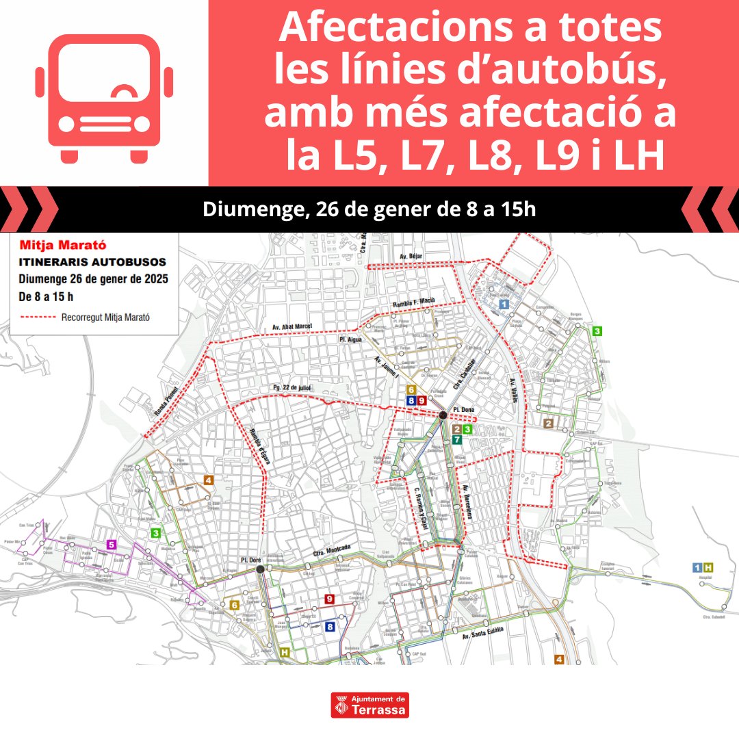 ajterrassa's tweet photo. Aquest diumenge,🏃🏃‍♀️25ª @MitjaTerrassa 🤩!!!
Hi haurà diferents afectacions de trànsit a tota la ciutat dissabte i diumenge. 
🚍 També hi haurà canvis de recorreguts a totes les línies d'autobús
ℹ️https://t.co/QVM8OFrj5D
ℹ️https://t.co/r8KnBS7gXY

@PoliciaTrs @trsmobilitat https://t.co/8dPxErfiJn