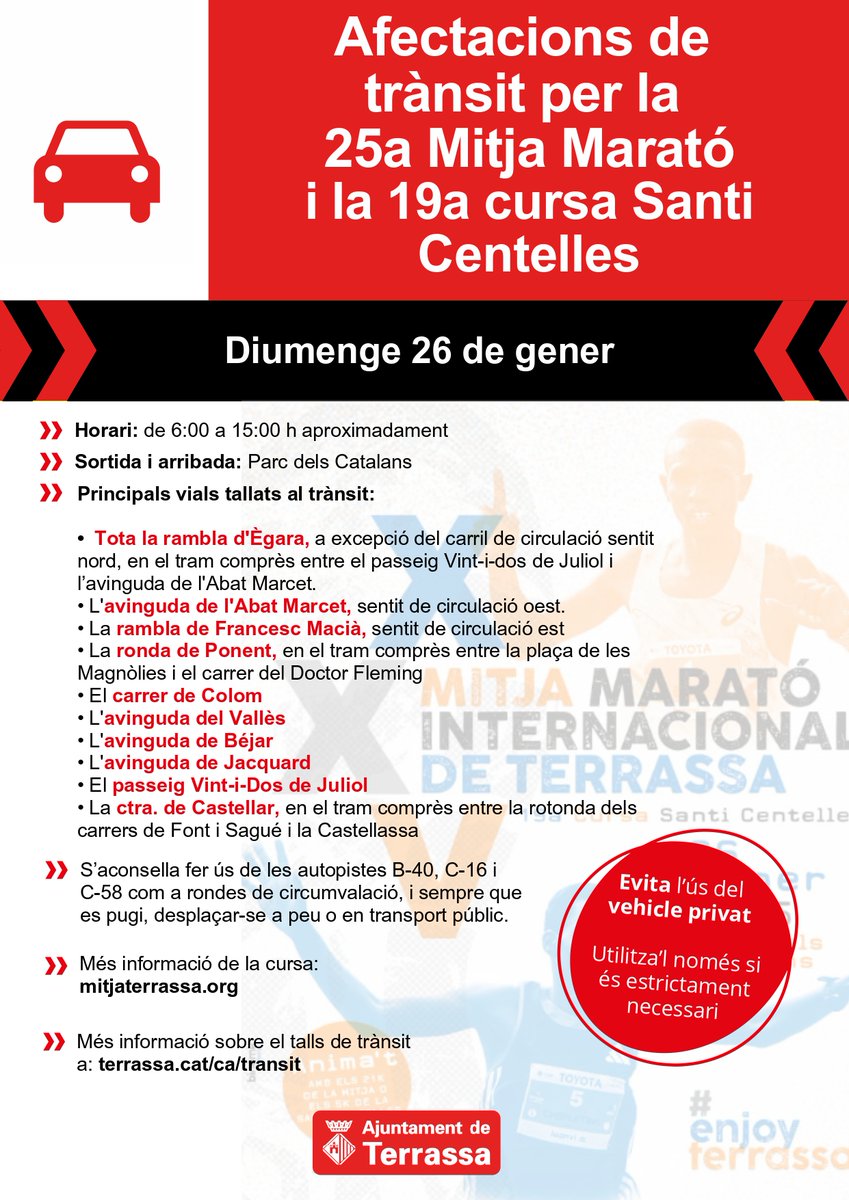 ajterrassa's tweet photo. Aquest diumenge,🏃🏃‍♀️25ª @MitjaTerrassa 🤩!!!
Hi haurà diferents afectacions de trànsit a tota la ciutat dissabte i diumenge. 
🚍 També hi haurà canvis de recorreguts a totes les línies d'autobús
ℹ️https://t.co/QVM8OFrj5D
ℹ️https://t.co/r8KnBS7gXY

@PoliciaTrs @trsmobilitat https://t.co/8dPxErfiJn