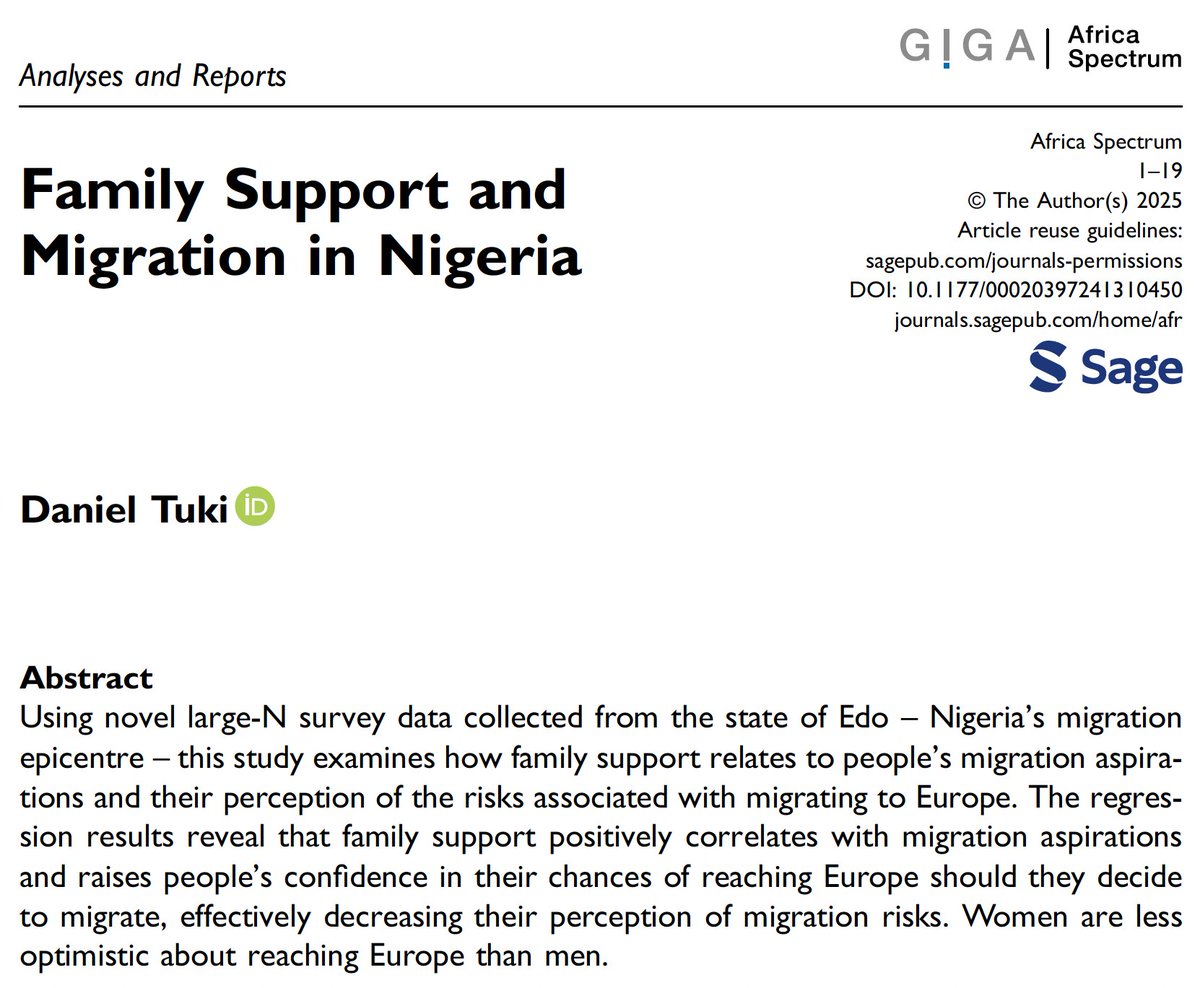 New publication (OA): How does family support relate to migration aspirations and the perception of migration risks in #Nigeria? Do gender differences underlie these relationships?
doi.org/10.1177/000203…