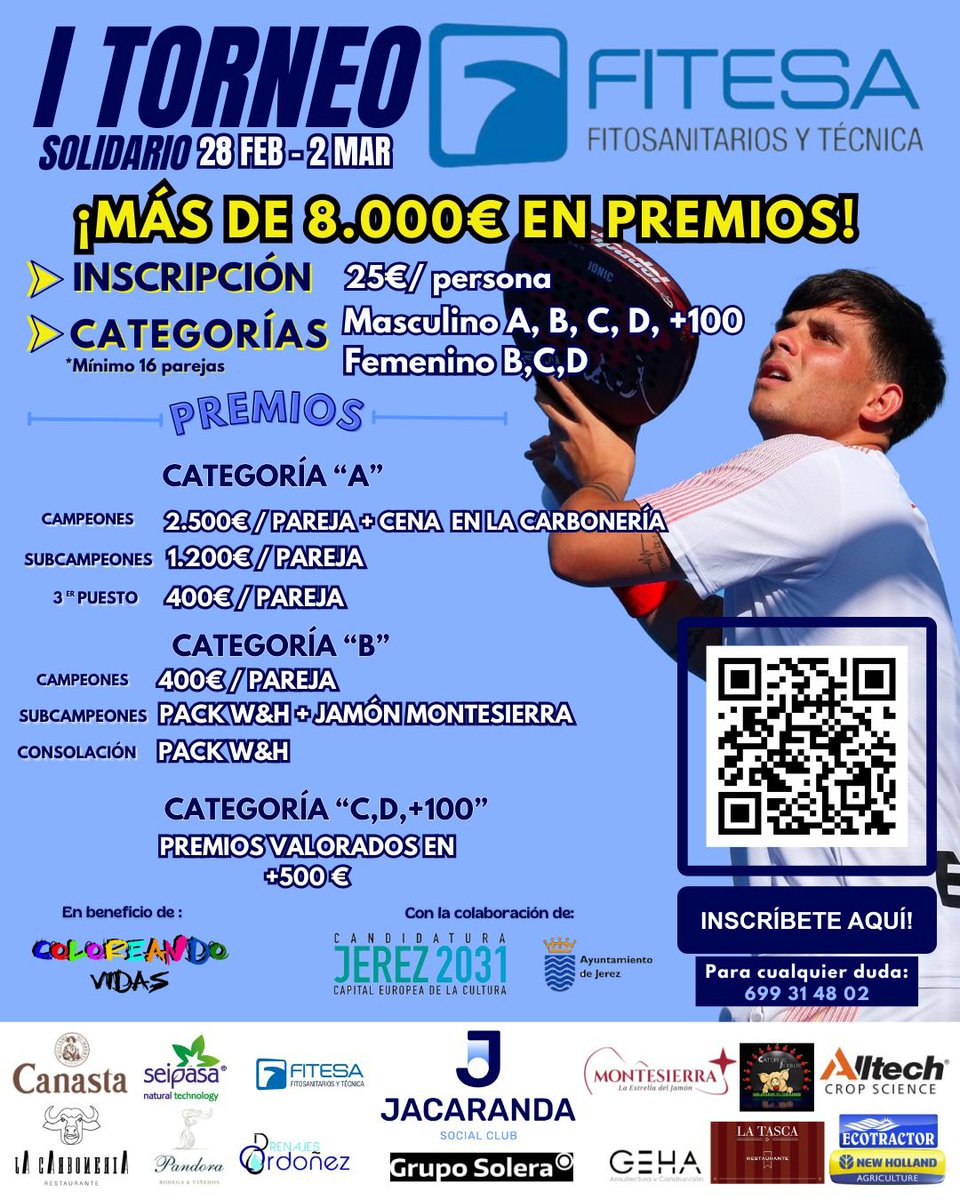 🎾 I Torneo Solidario FITESA 🎾

📅 28 FEB - 2 MAR
🔥 Inscripciones hasta 23/02
🏠 Club Nuevo Jacaranda
🎁 Camiseta + 🏆 Premios hasta 2.500 €
👉 Inscríbete aquí: vola.plus/app-link/tourn…

#Pádel #FITESA