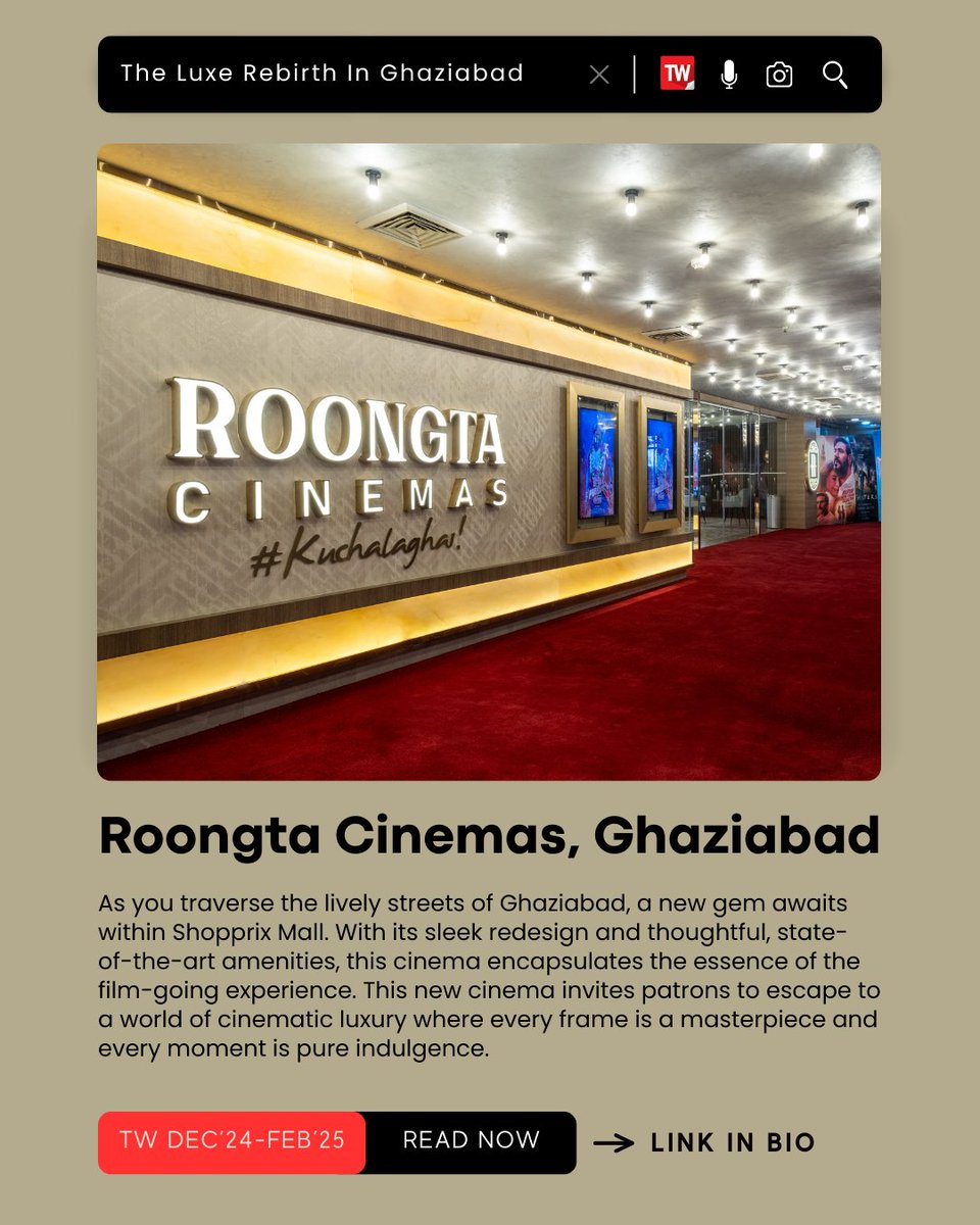 raghavnews's tweet photo. Roongta Cinemas, Ghaziabad as featured in TheatreMagic, Dec'24-Feb'25 Edition!
Read the full article @ https://t.co/DWH5BH4xYH...
#roongta #roongtacinemas #ghaziabad #cinematech #cinemaconcessions #bigcineexpo #theatreworld #cinema #showbusiness #network208 https://t.co/8kPwCoywLW