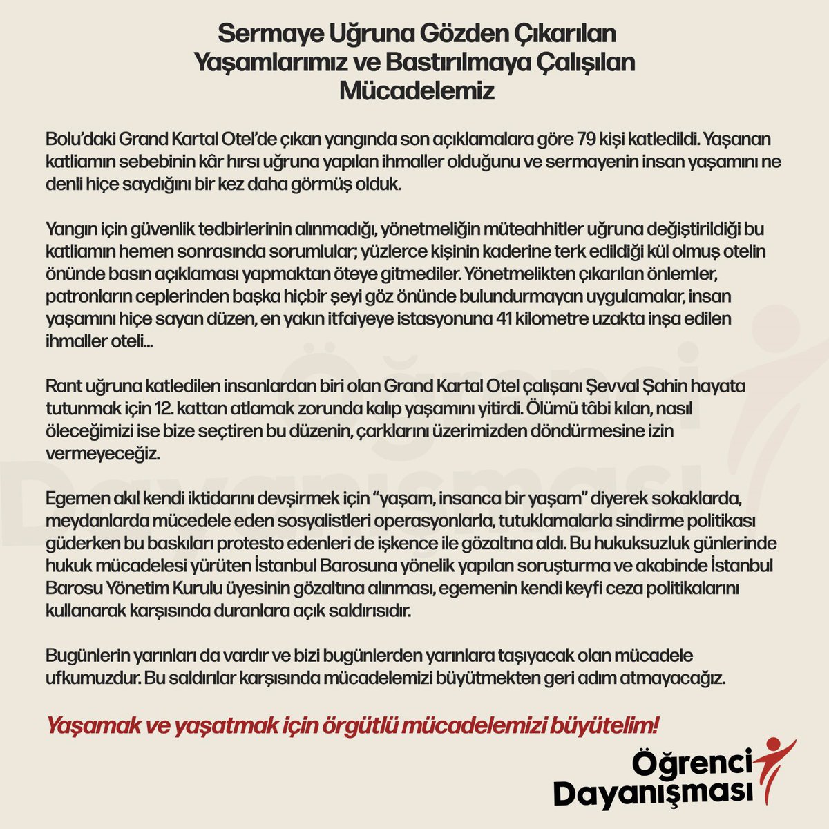 OgrenciDay's tweet photo. 📢 Açıklama

"Ölümü tâbi kılan, nasıl öleceğimizi ise bize seçtiren bu düzenin, çarklarını üzerimizden döndürmesine izin vermeyeceğiz!" https://t.co/XssjaGNC0W
