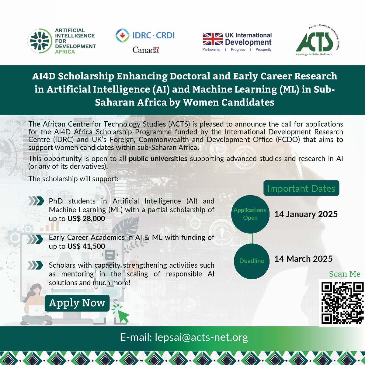 📢AI4D Scholarship for Women in Sub-Saharan Africa

Are you a woman pursuing PhD studies or conducting early-career research in AI/ML? 

This scholarship supports work that addresses any of the SGDs using AI.

Interested? Find the details here 👉 buff.ly/3PQbipY