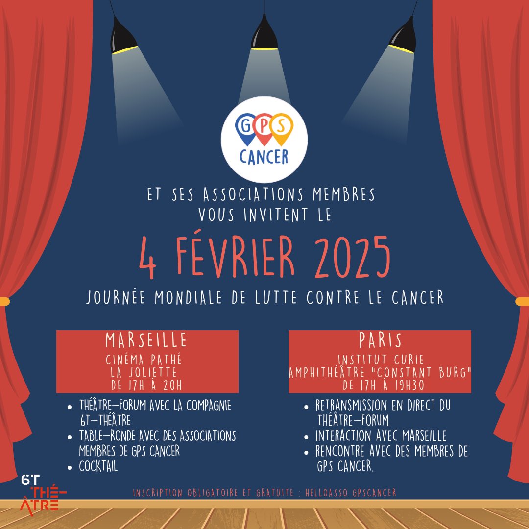 Journée mondiale de lutte contre le cancer - 4 février 

GPS Cancer et ses associations membres vous invitent
Inscription gratuite : helloasso.com/associations/g…

#JournéeMondialeDuCancer #LutteContreLeCancer #SantéPourTous #GPSCancer #ThéâtreForum #InstitutCurie #PréventionCancer