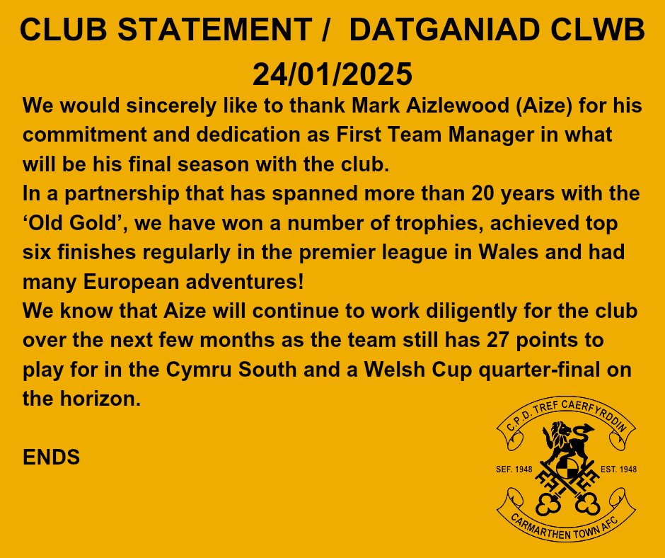 CLUB STATEMENT / DATGANIAD CLWB 24/01/2025