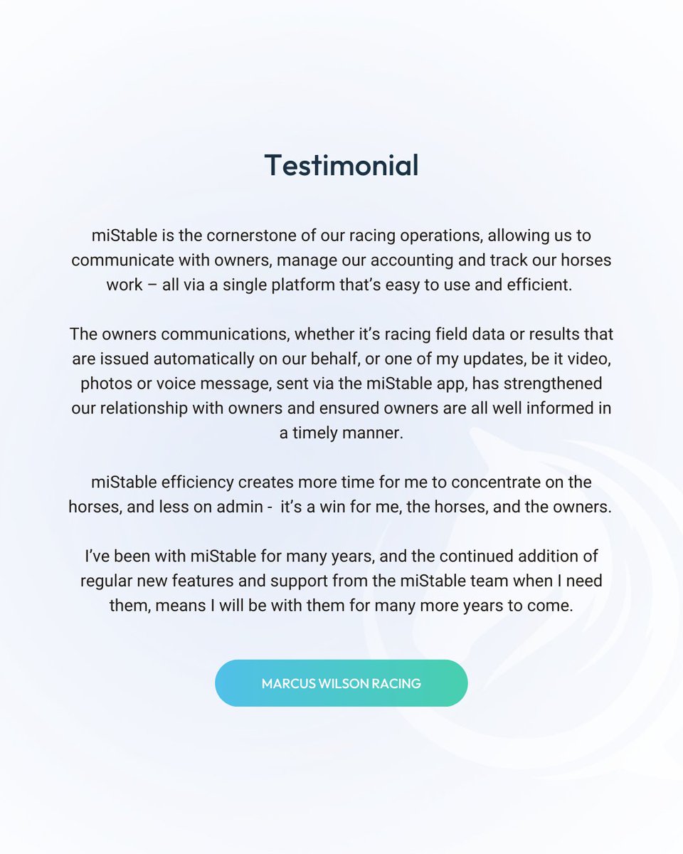 MiStable's tweet photo. Our clients are at the heart of everything we do. ❤️

Whether you're a trainer, owner, or stable manager, miStable is here to make your life easier.

But don’t just take our word for it.

#miStable https://t.co/AvGKg8MkJS