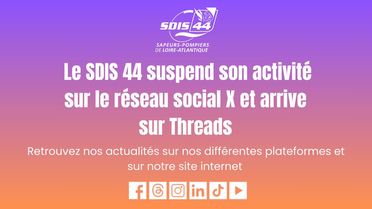 SDIS44's tweet image. 🚨Le SDIS 44 suspend son activité sur le réseau social X.
 
👉Retrouvez-nous dès maintenant sur Threads pour continuer à suivre notre actualité➡️urlr.me/mT5paK