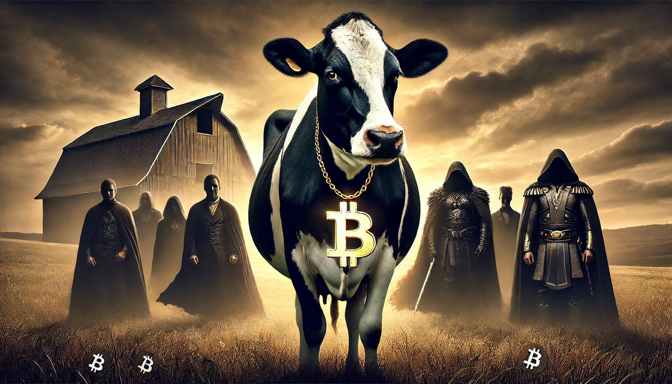 BruceCow_CTO's tweet photo. Part IV

Bruce’s New Life without Satoshi

As Bitcoin’s influence grew, so did Bruce’s fame. Farmers and activists alike painted his image on barns and murals, calling him The Cow Who Changed the World. People traveled from all corners of the globe to meet Bruce, now a living legend.

But despite the admiration, Bruce remained humble, living on a picturesque farm owned by The Caretaker, a kindhearted farmer.

The Caretaker, who had been entrusted with Bruce’s care, treated him like royalty. “You’re not just a cow, Bruce,” The Caretaker would say as he brushed Bruce’s glossy coat. “You’re a symbol of freedom. A reminder that even the simplest things—a calf, an idea—can change the world.”

But that life wasn’t enough for Bruce…

The Caretaker stood at the edge of the pasture, watching Bruce graze under the dim light of an overcast sky. The bull had grown into a towering figure, his black-and-white coat striking against the cold gray backdrop, the golden Bitcoin mantle around his neck glinting faintly. For years, The Caretaker had served as Bruce’s quiet guardian, knowing the bull represented more than he could ever fully understand. Deep down, The Caretaker knew he wasn’t enough.

The whispers even reached his isolated farm—of the jeets poisoning everything they touched, of greed consuming the ideals that Bitcoin was supposed to stand for. The dream of decentralization was being suffocated under the weight of bad actors and jeets. These parasites, driven by unchecked selfishness, had turned the crypto ecosystem into a battlefield of scams and betrayal.  Every story made The Caretaker feel the weight of his failure. He loved Bruce, but he had never been able to summon the courage to let him go. To let Bruce fulfil the glorious purpose Satoshi had entrusted to him.

The Caretaker wanted to believe he could shield Bruce from the world’s chaos, but that wasn’t what Bruce was meant for. And so, the days rolled into months, and Bruce’s mantle remained a symbol of untapped destiny, glowing faintly but never ignited.

That night, when The Caretaker saw the group approaching the barn, he felt a strange mixture of relief and dread. The Herd had come. The time had come.