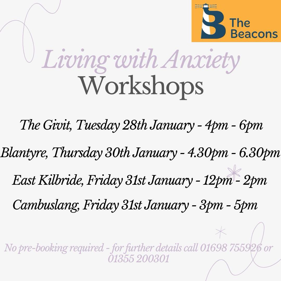 Please see below details of our Living with Anxiety workshops next week ⬇️